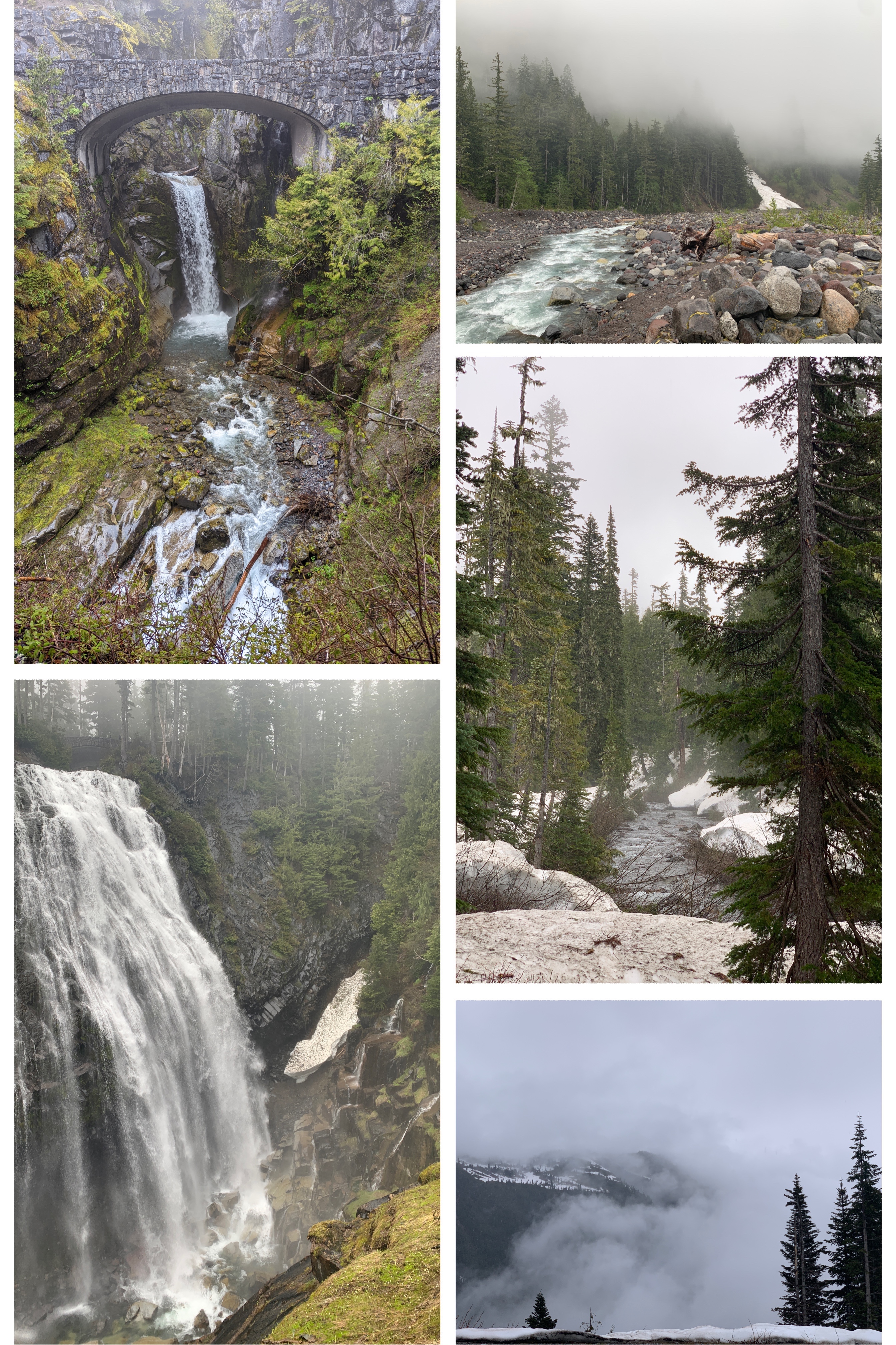 Christine Falls, Narada Falls, Nisqually River, a glimpse of a mountain